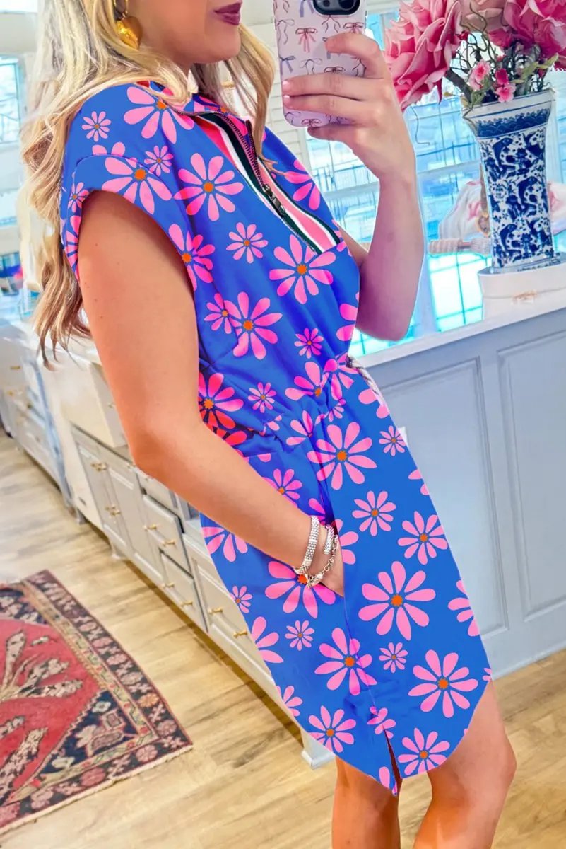 Purple Floral Striped Quarter Zip Cap Sleeve Drawstring Waist Mini Dress - Love Salve